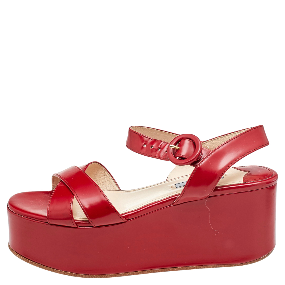 

Prada Red Leather Ankle Strap Platform Wedge Sandals Size