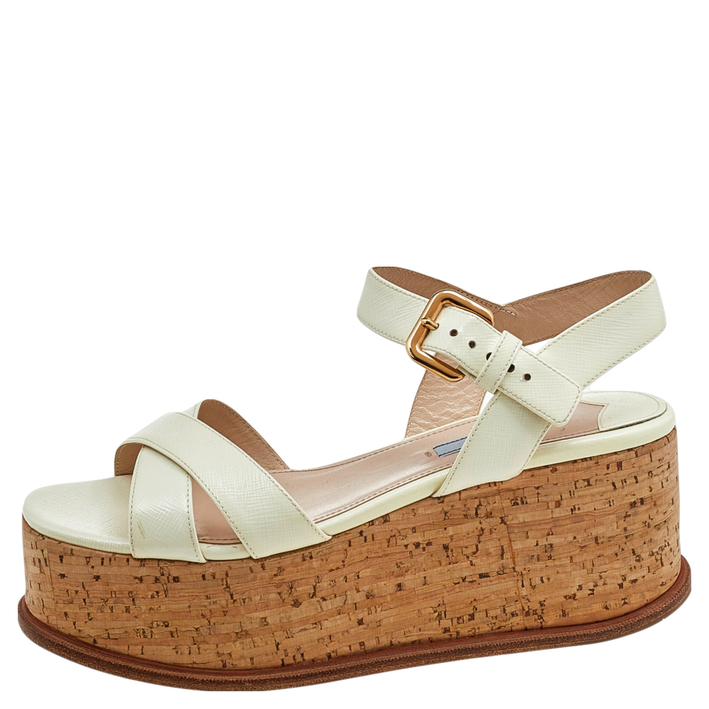 

Prada Off White Patent Leather Ankle Strap Cork Wedge Sandals Size