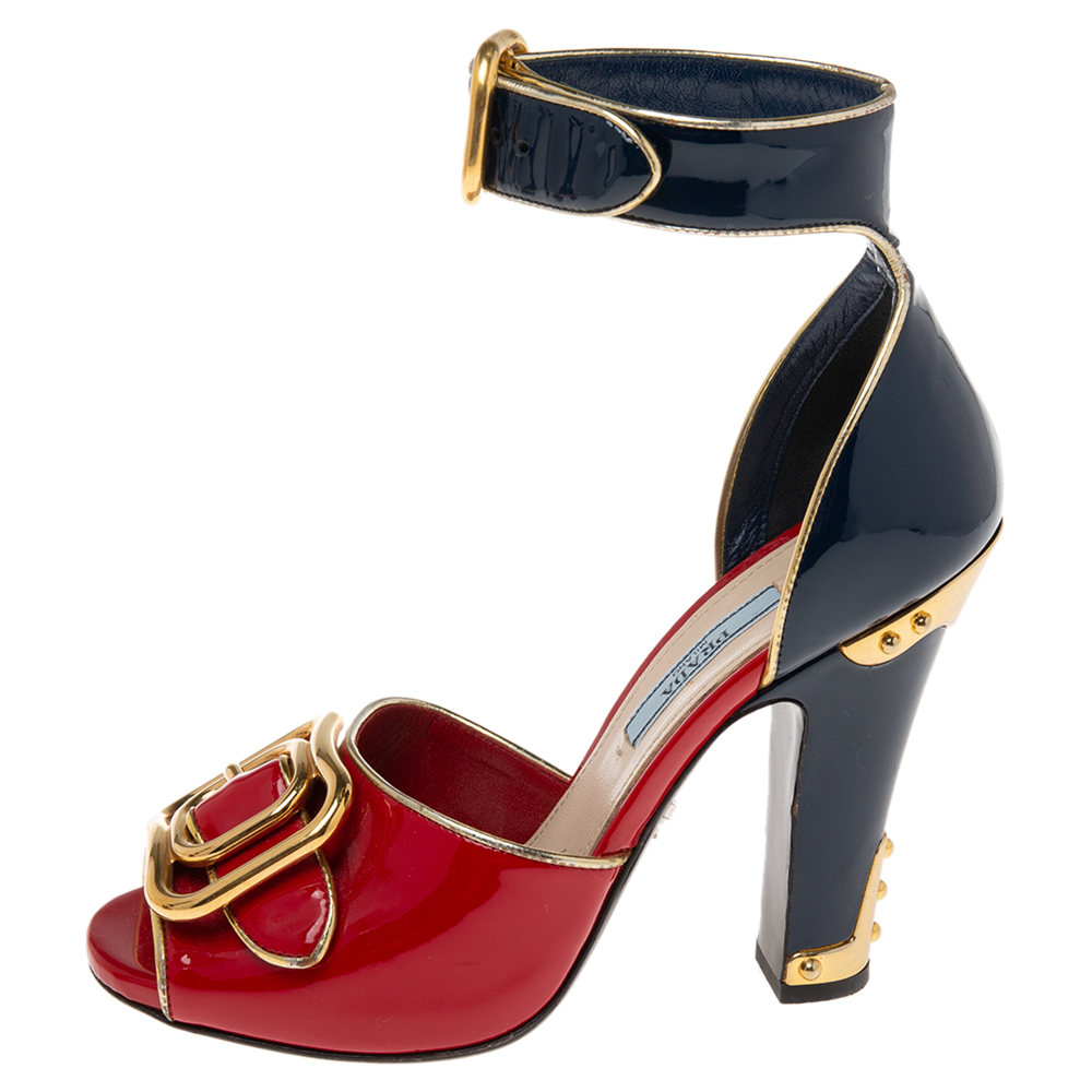 

Prada Black/Red Patent Leather Buckle Ankle Strap Sandals Size, Navy blue