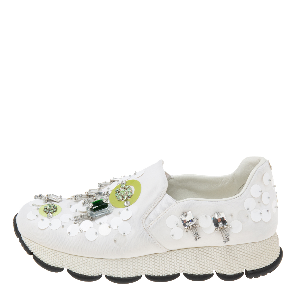 

Prada White Fabric Crystals Embellished Slip-On Sneakers Size