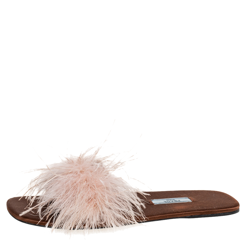 

Prada Brown Satin Feather Embellished Flat Slides Size