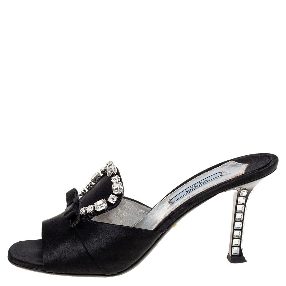 

Prada Black Satin Crystal Embellished Open Toe Mule Sandals Size