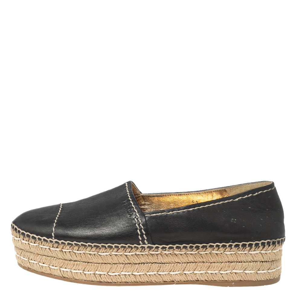 

Prada Black Leather Platform Flat Espadrilles Size