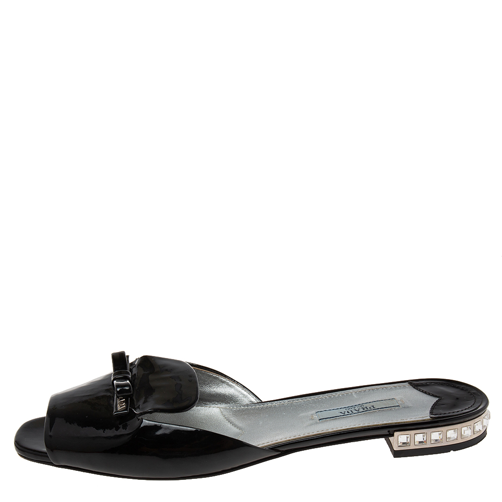 

Prada Black Patent Leather Bow Flat Slide Sandals Size