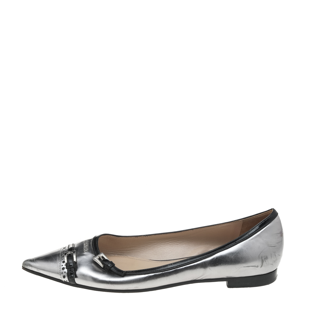 

Prada Silver Patent Leather Buckle Detail Pointed Toe Flats Size