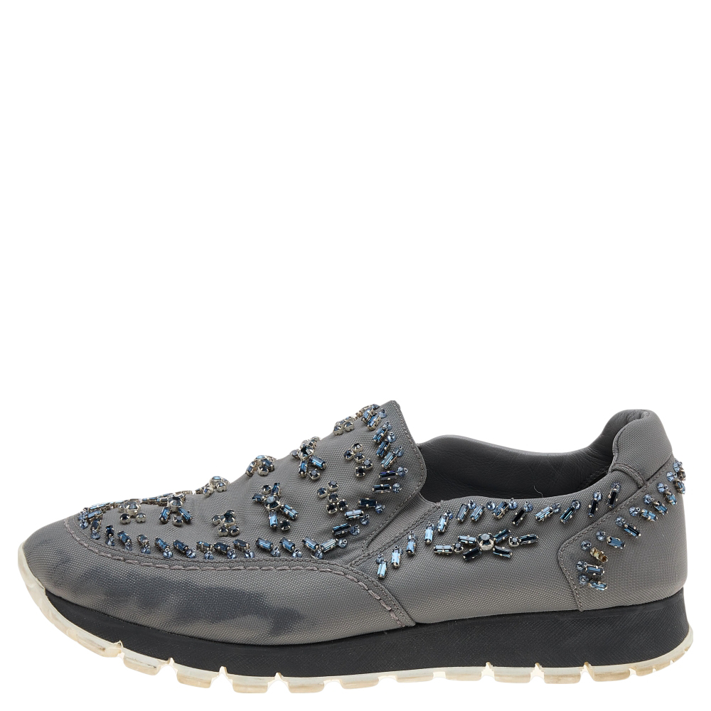 

Prada Grey Canvas Crystal Embellished Slip On Sneakers Size