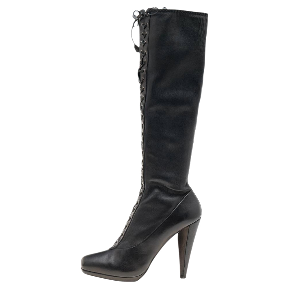 

Prada Black Leather Calf Length Boots Size