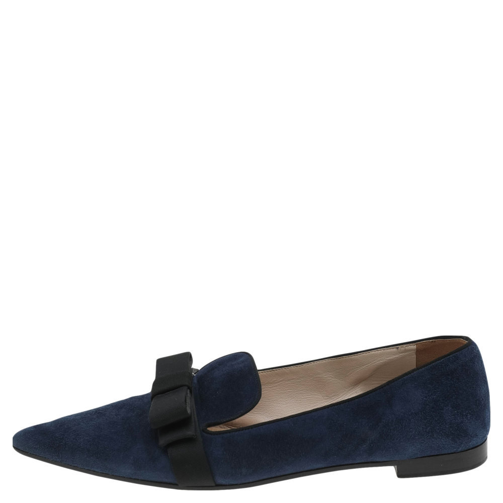 

Prada Blue Suede Bow Pointed Toe Loafers Size