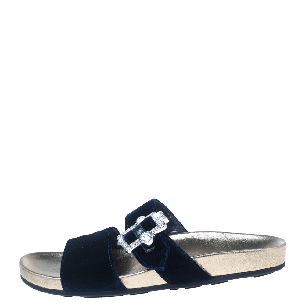 

Prada Navy Blue Velvet Crystal Embellished Flat Sandals Size
