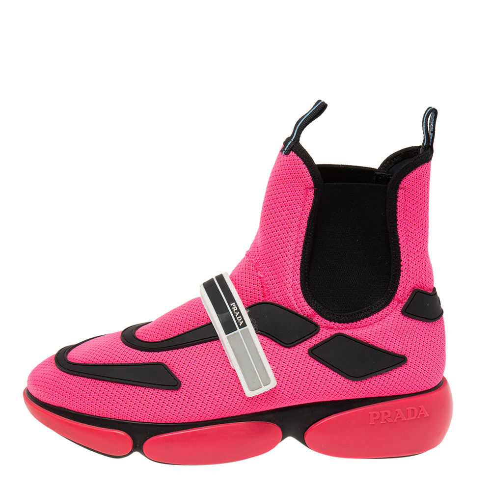 

Prada Neon Pink/Black Mesh and Rubber Trim Cloudbust High-Top Sneakers Size
