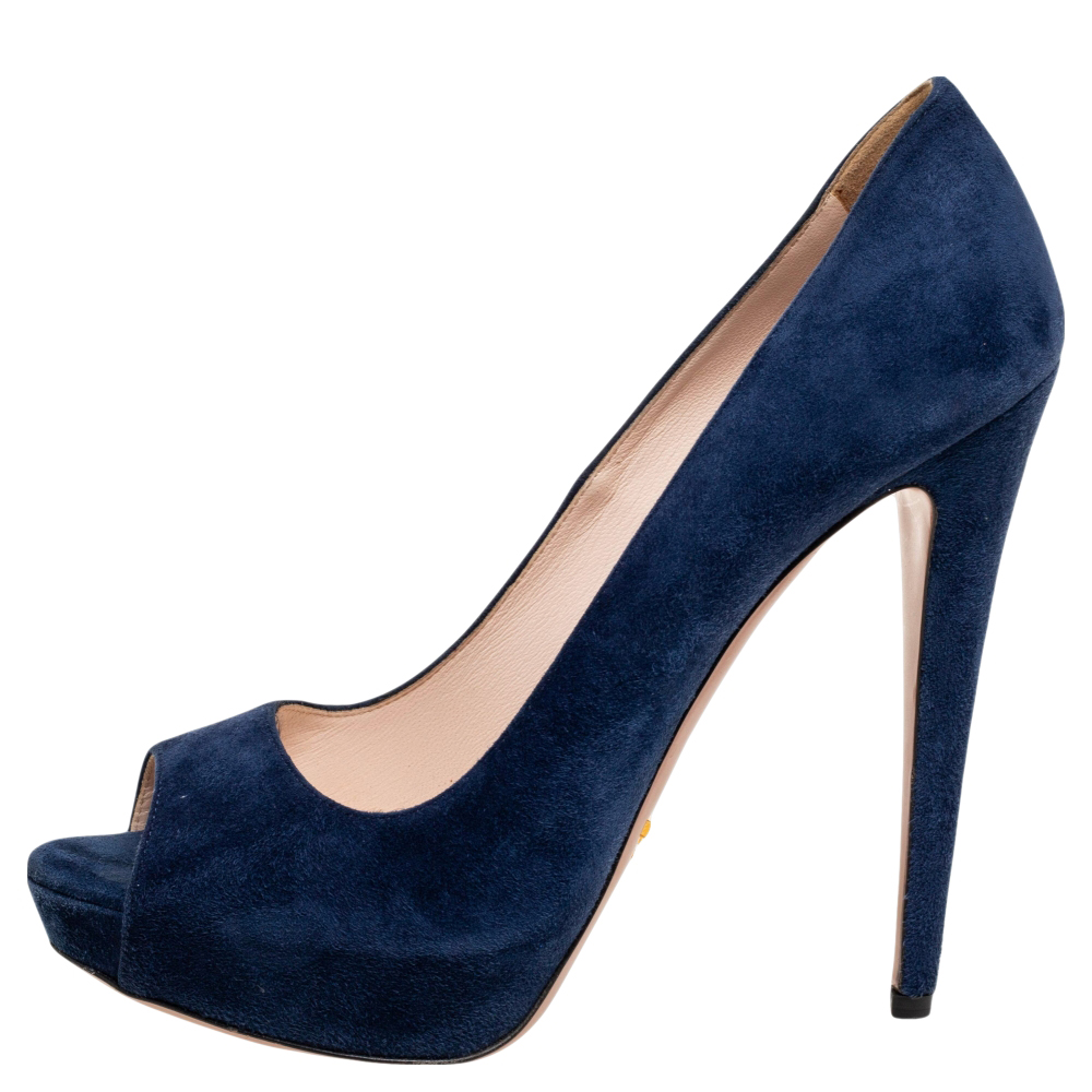 

Prada Blue Suede Peep Toe Platform Pumps Size