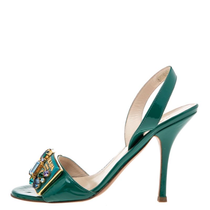 

Prada Green Patent Leather Embellished Slingback Sandals Size