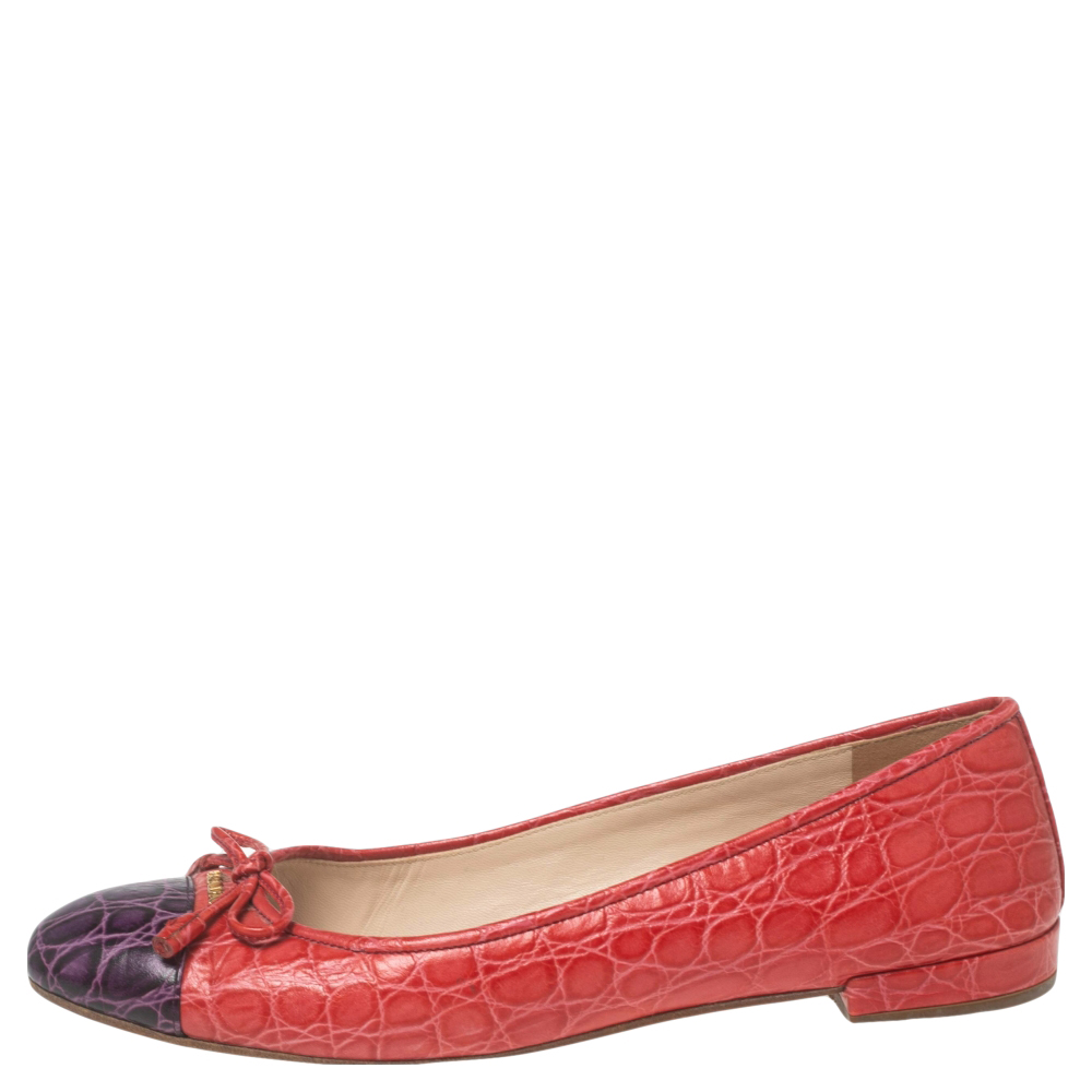

Prada Red/Purple Croc Embossed Leather Bow Ballet Flats Size