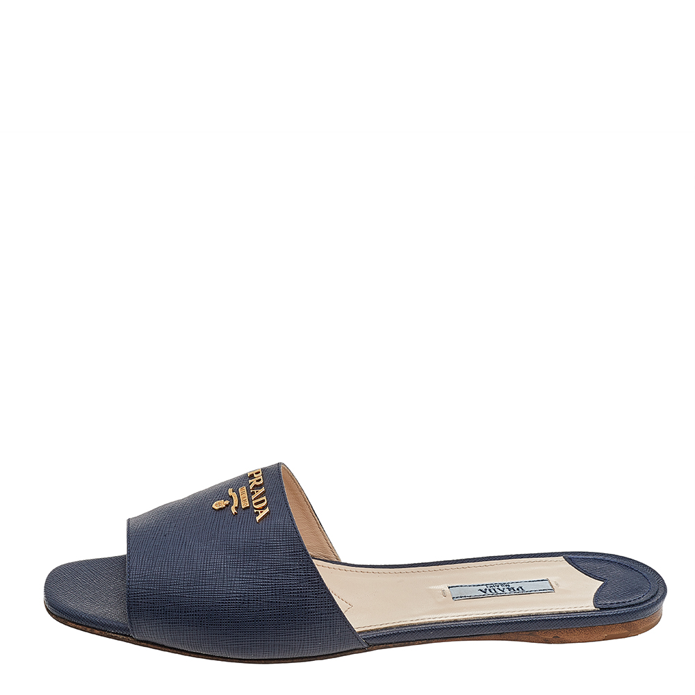 

Prada Navy Blue Saffiano Leather Logo Embellished Flat Slides Size