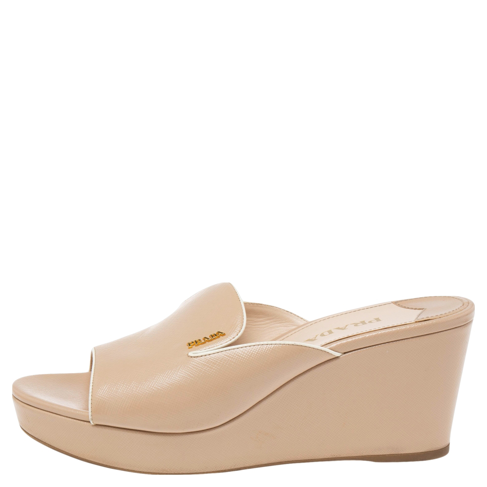 

Prada Beige Saffiano Patent Leather Wedge Slide Sandals Size