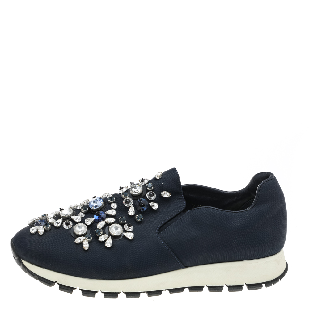

Prada Navy Blue Canvas Crystal Embellished Slip On Sneakers Size