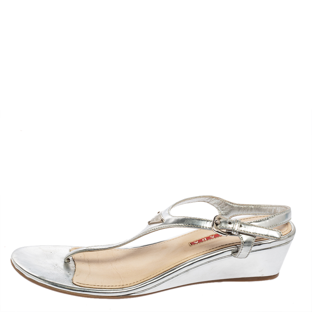 

Prada Silver Leather Wedge Thong Ankle Strap Sandals Size