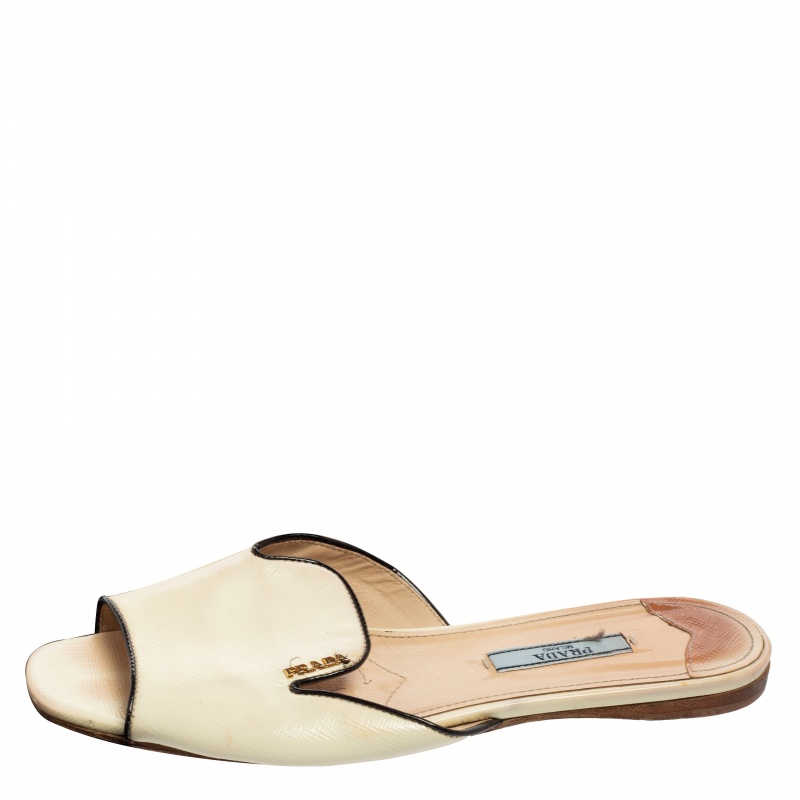 

Prada Cream Vernice Saffiano Leather Flat Slides Size, Beige