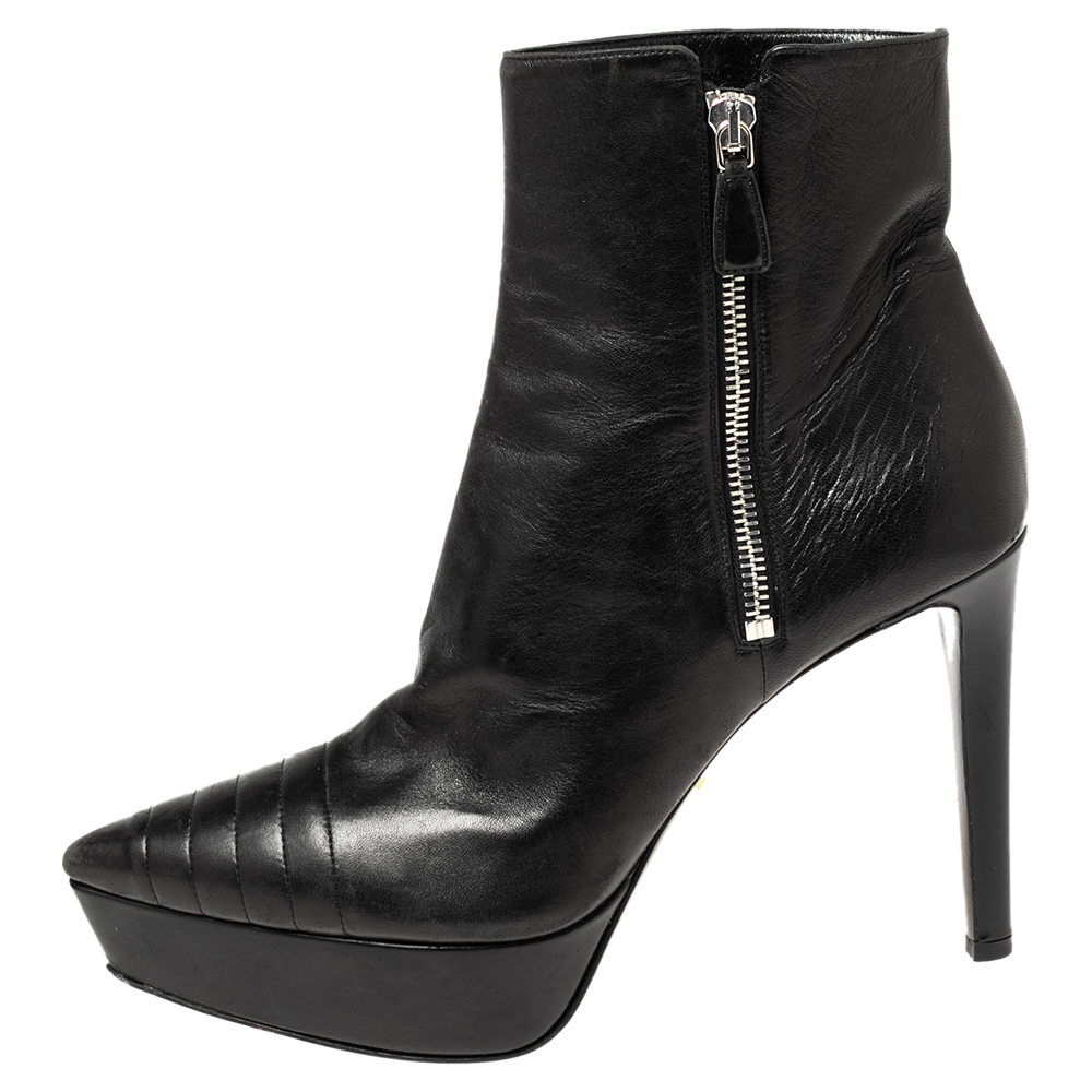 

Prada Black Leather Pointed-Toe Platform Ankle Booties Size