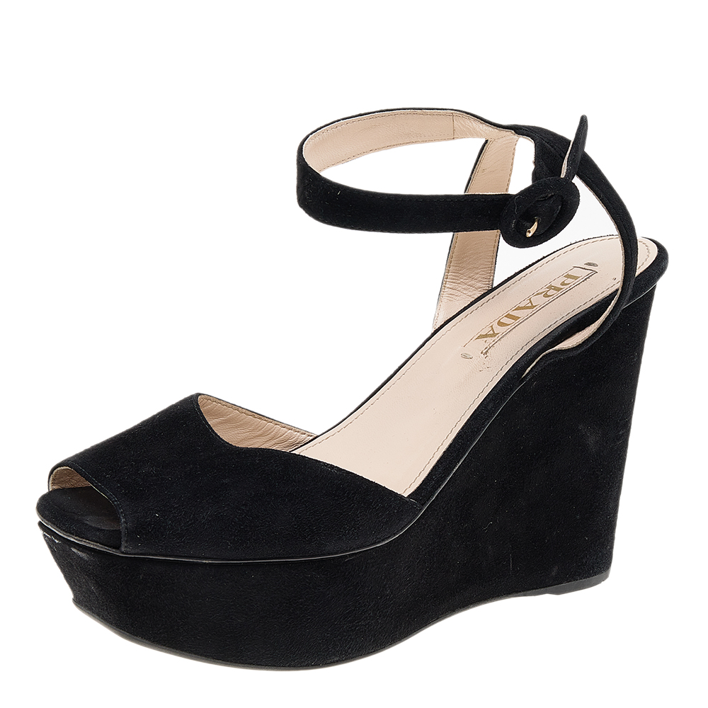 

Prada Black Suede Wedge Platform Ankle Strap Sandals Size