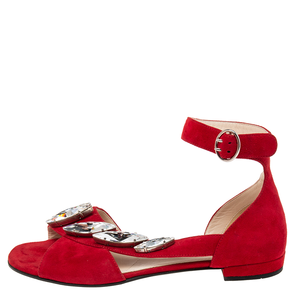 

Prada Red Suede Crystal Embellished Ankle Strap Flat Sandals Size