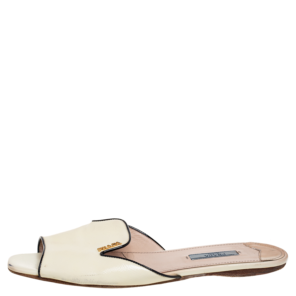 

Prada Cream Saffiano Vernice Leather Flat Slides Size, White