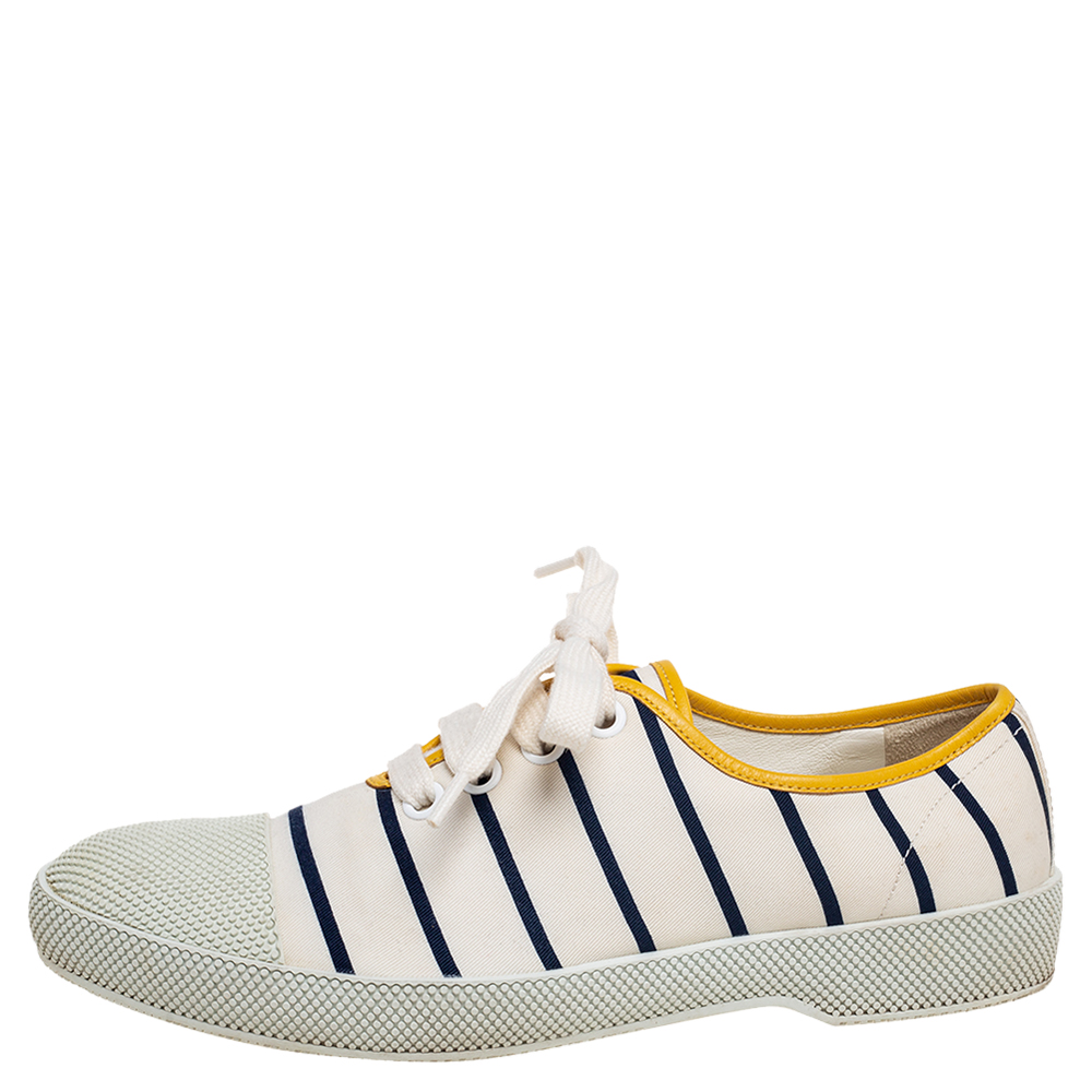 

Prada Off White/Blue Canvas Lace Up Cap Toe Sneakers Size