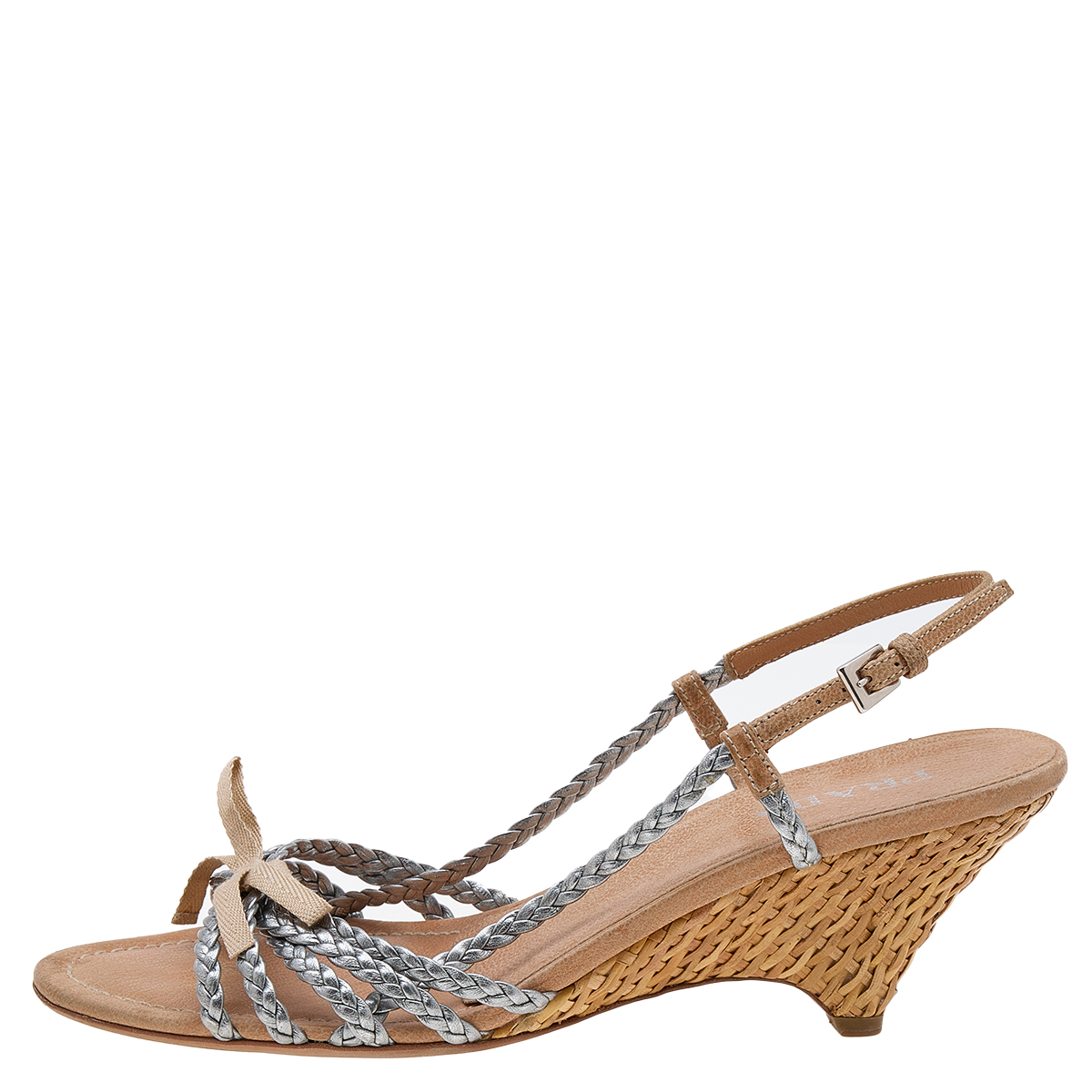 

Prada Silver/Beige Braided Leather Bow Slingback Wedge Sandals Size