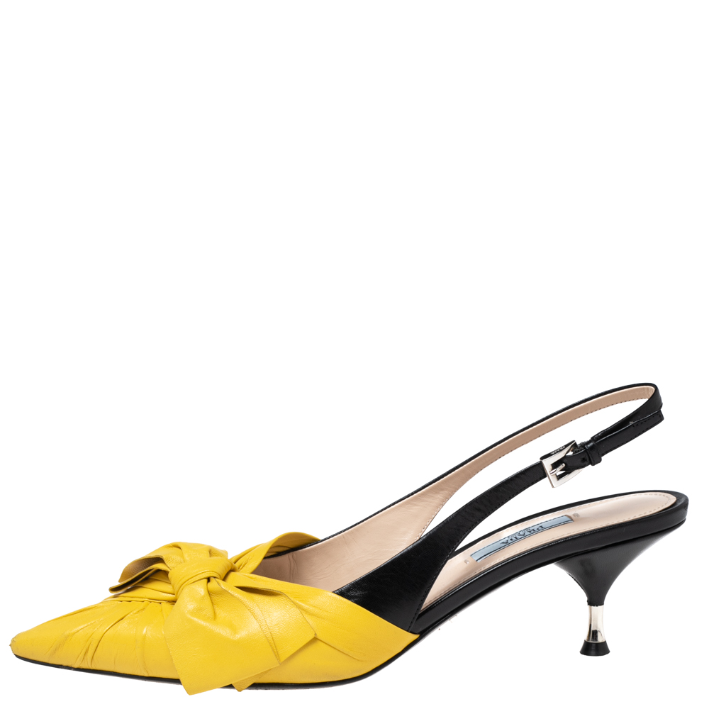 

Prada Yellow/Black Leather Bow Slingback Pumps Size