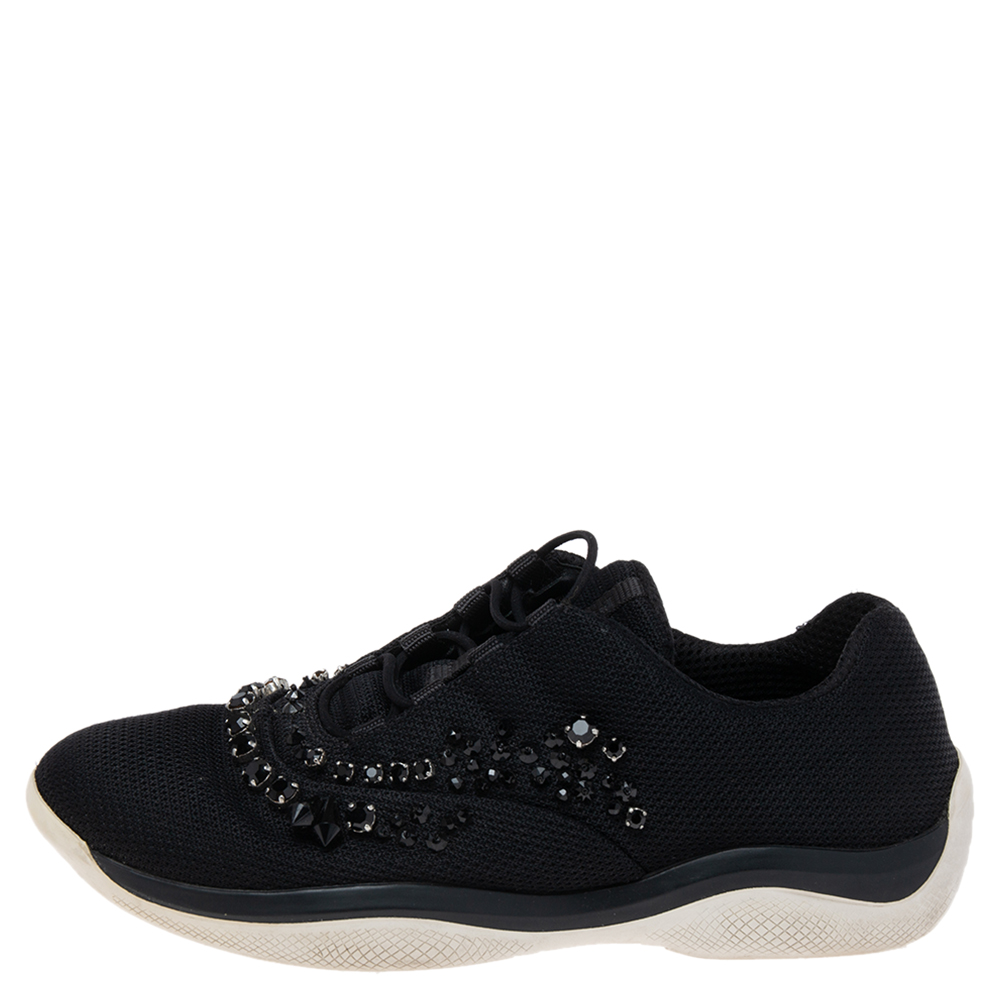 

Prada Black Mesh Crystal Embellished Slip On Sneakers Size