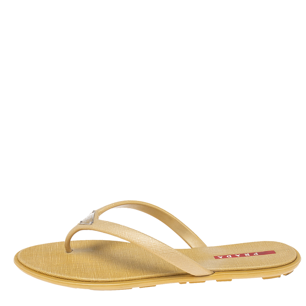 

Prada Sport Gold Rubber Crosshatched Thong Sandals Size