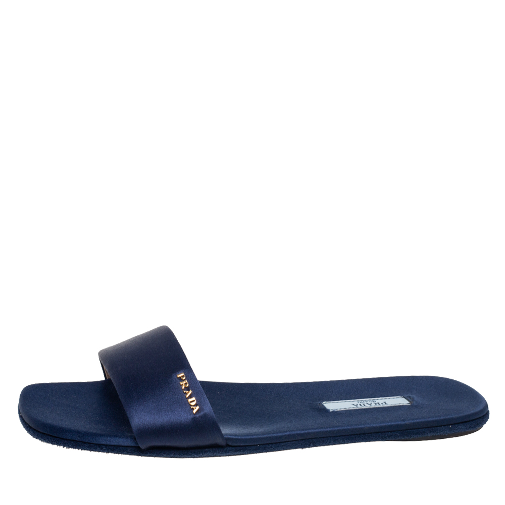 

Prada Ink Blue Satin Flat Slides Size