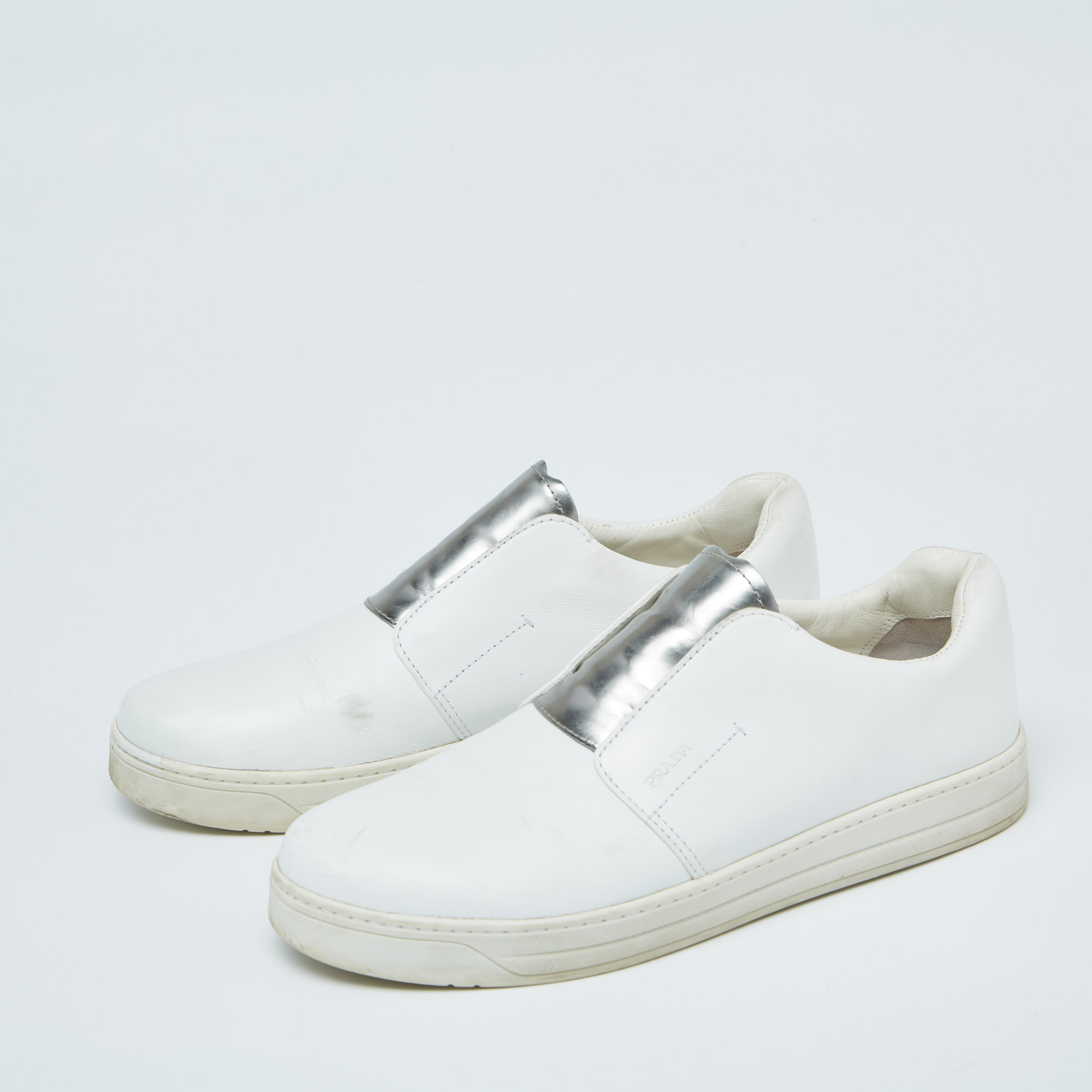 

Prada White/Silver Leather Slip-On Sneakers Size