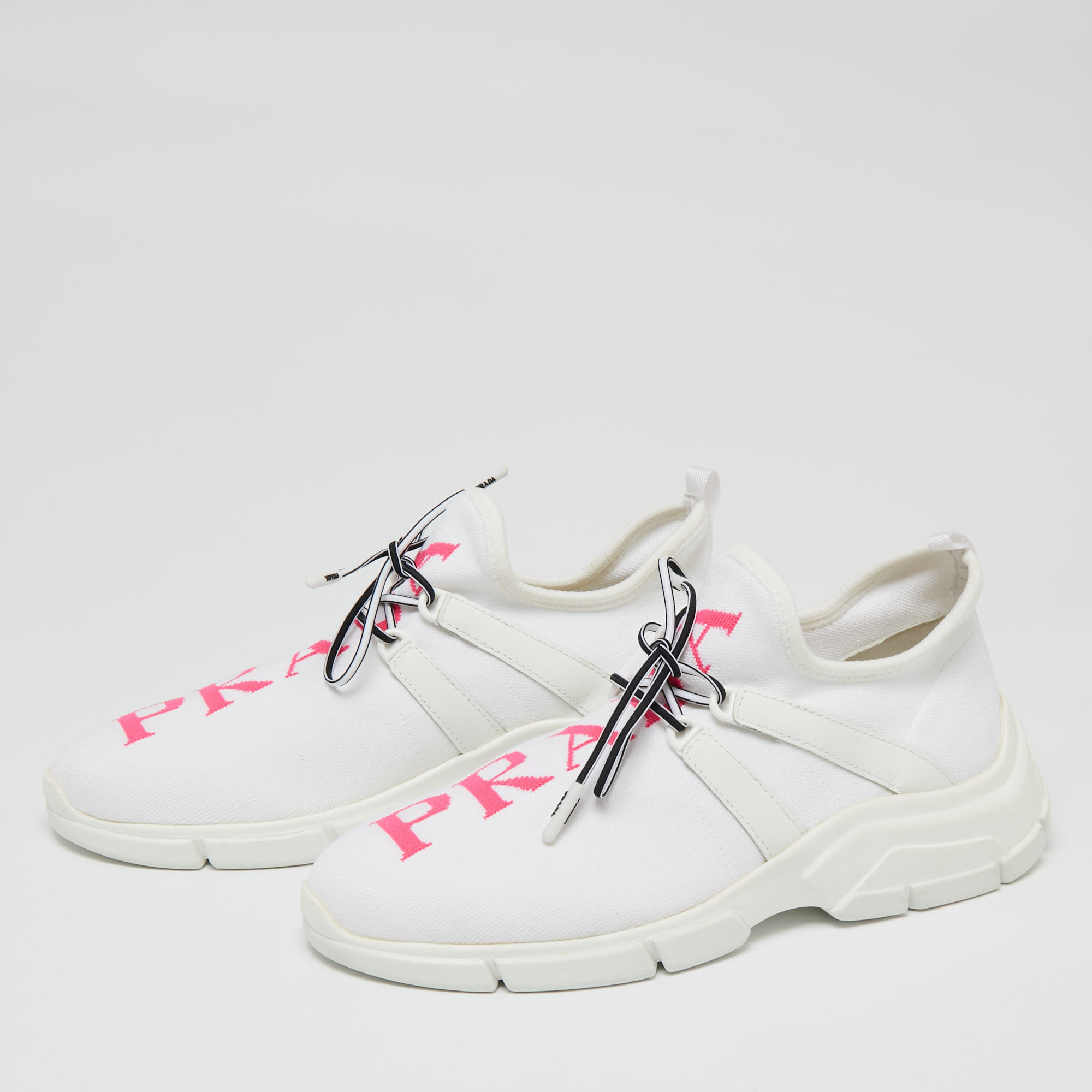 

Prada White Knit Fabric Logo Embroidered Lace Up Sneakers Size