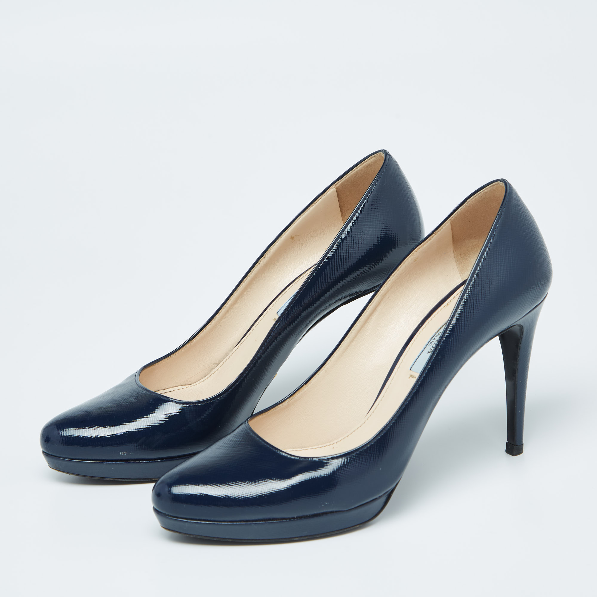 

Prada Navy Blue Patent Leather Platform Pointed Toe Pumps Size