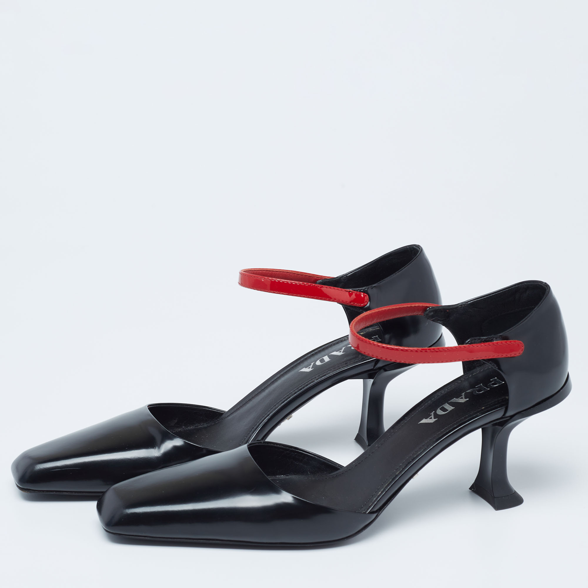 

Prada Red/Black Patent and Leather Square-Toe Ankle-Strap Pumps Size