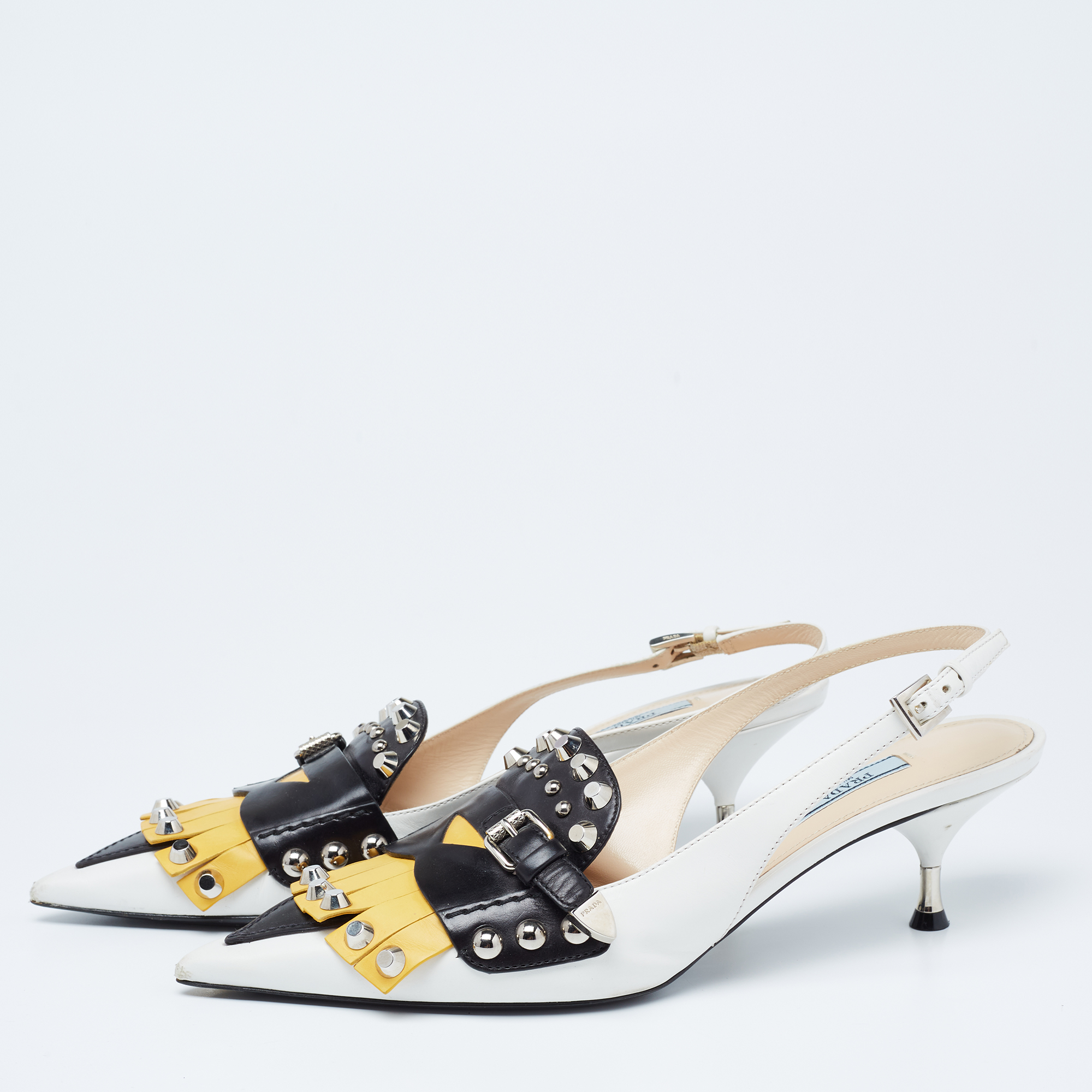 

Prada Tri-Color Leather Studded Fringe Slingback Pumps Size, White