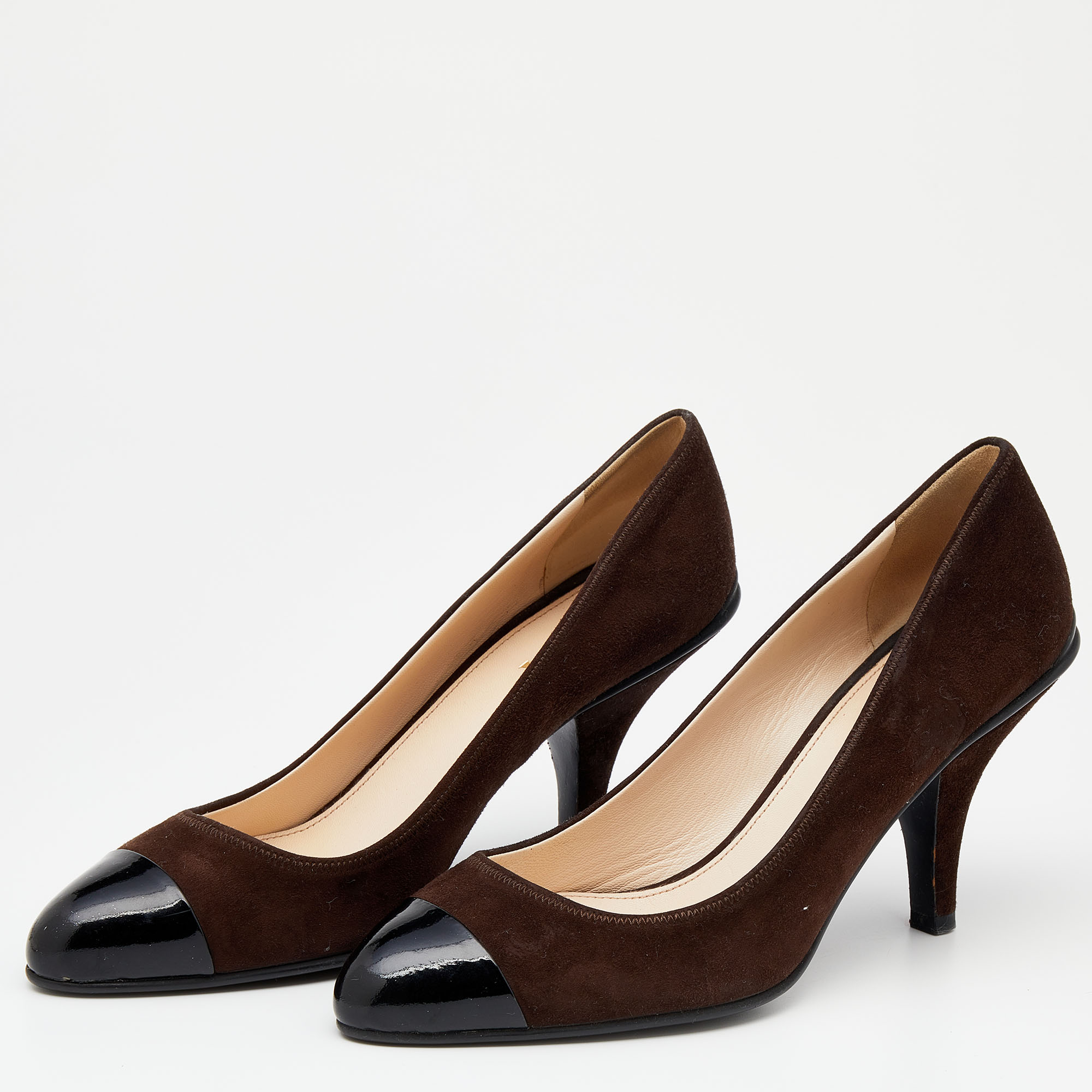 

Prada Brown/Black Suede and Patent Leather Cap Toe Pumps Size