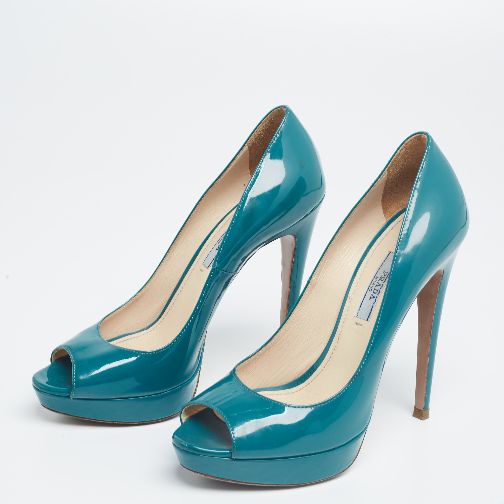

Prada Aqua Blue Patent Leather Platform Peep Toe Pumps Size