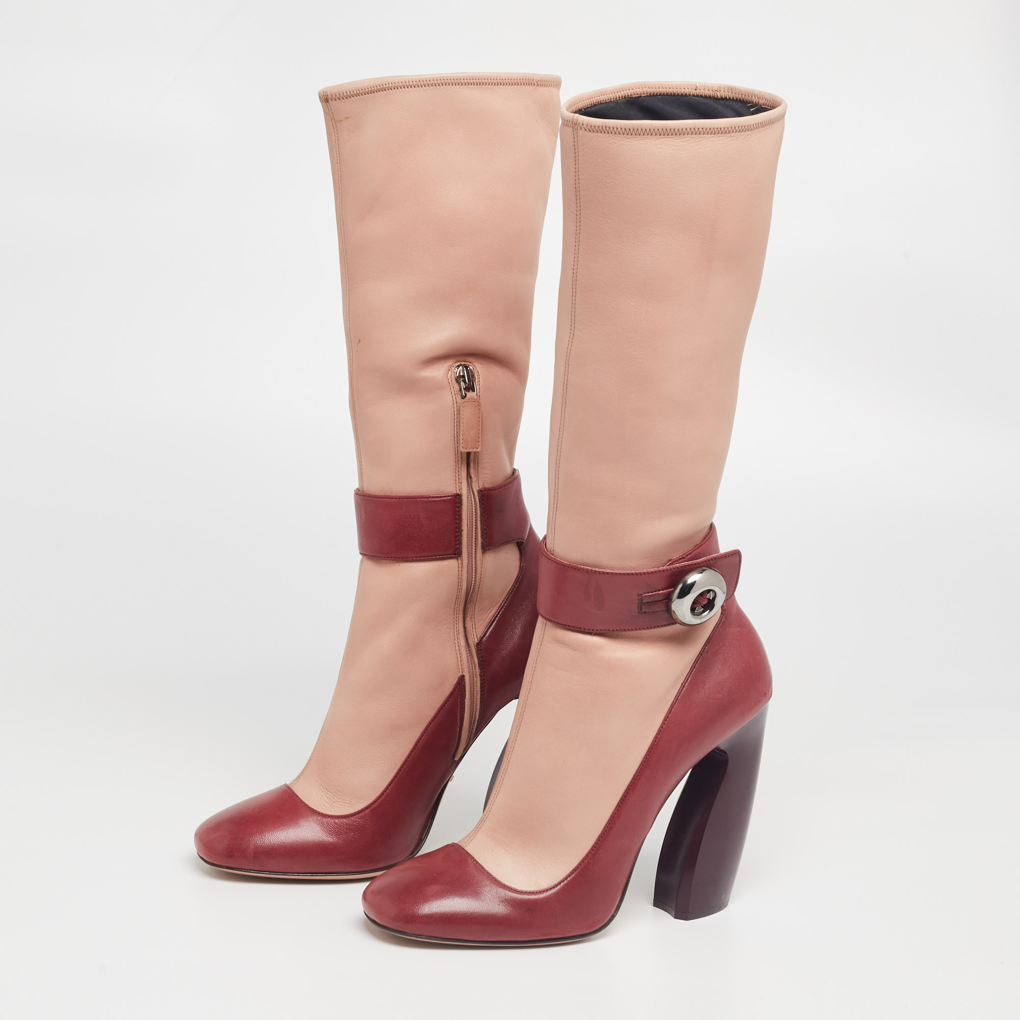 

Prada Beige/Burgundy Leather Mid Calf Length Boots Size