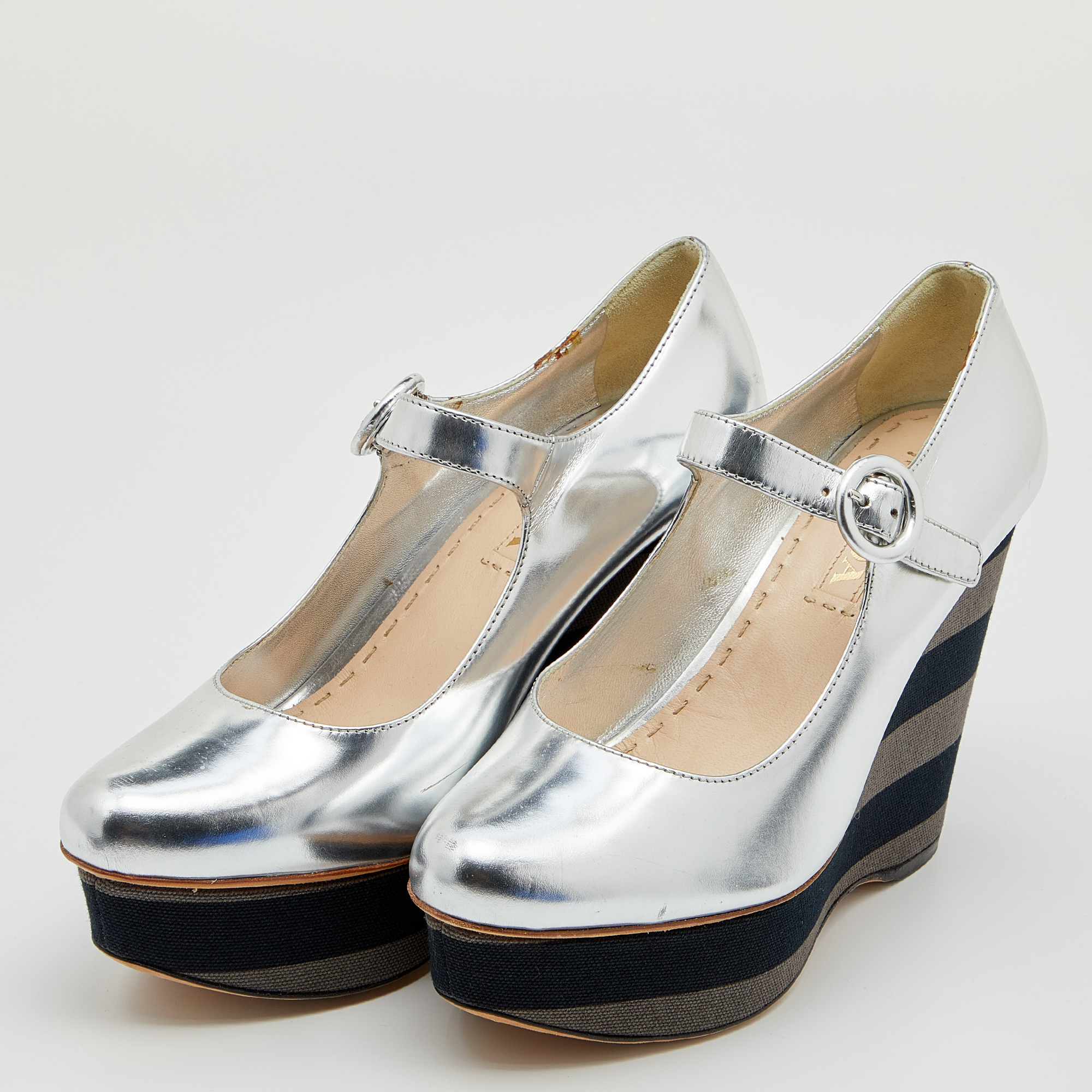 

Prada Silver Leather Wedge Pumps Size