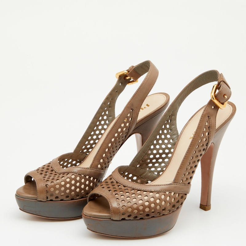 

Prada Tortilla Leather Laser Cut Slingback Sandals Size, Brown