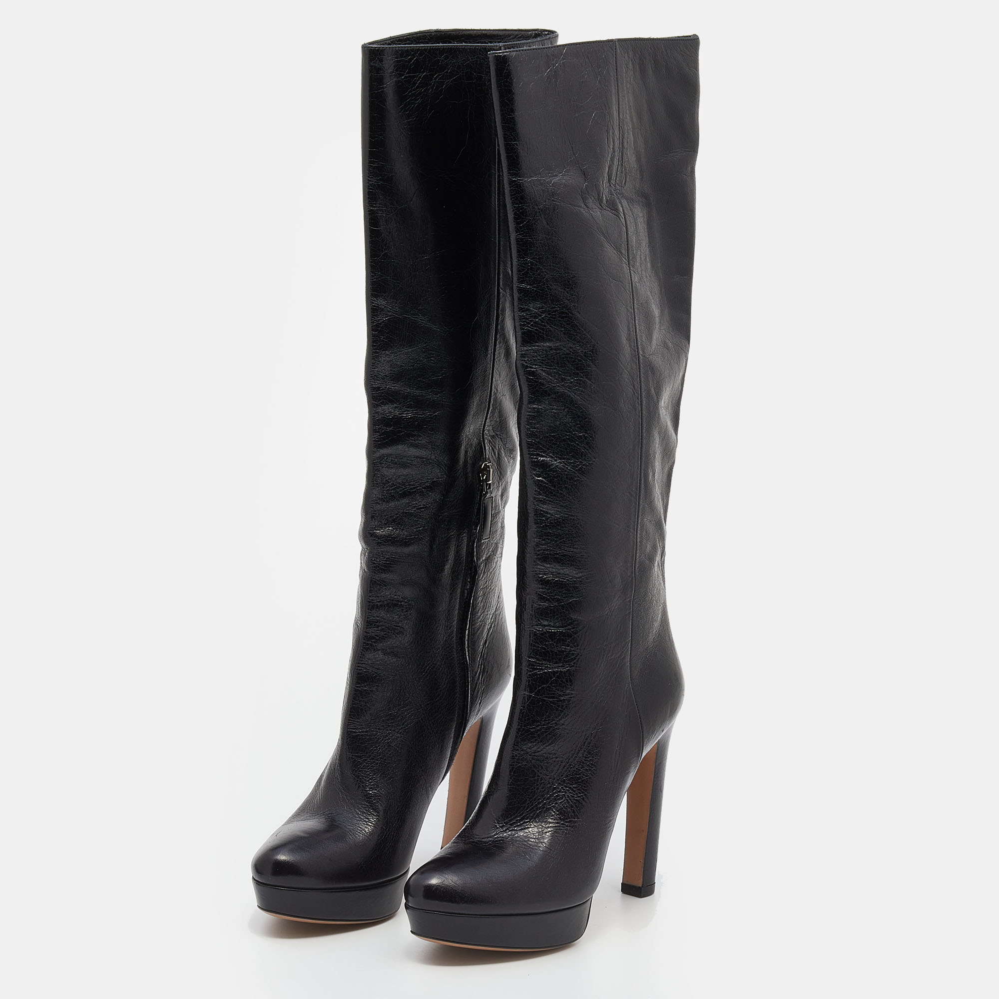 

Prada Black Leather Platform Knee Length Boots Size