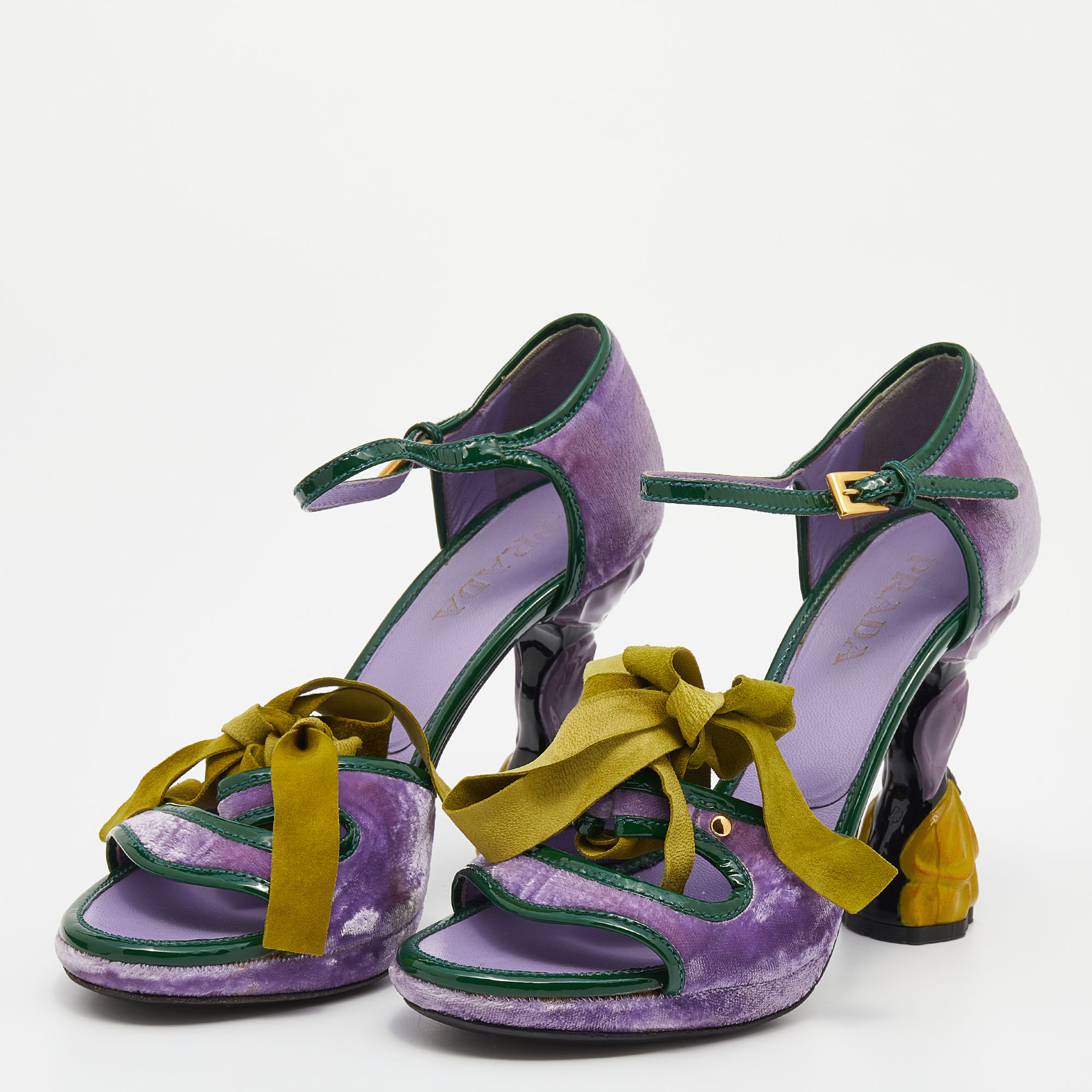 

Prada Purple/Green Velvet And Patent Leather Floral Heel Ankle Strap Sandals Size