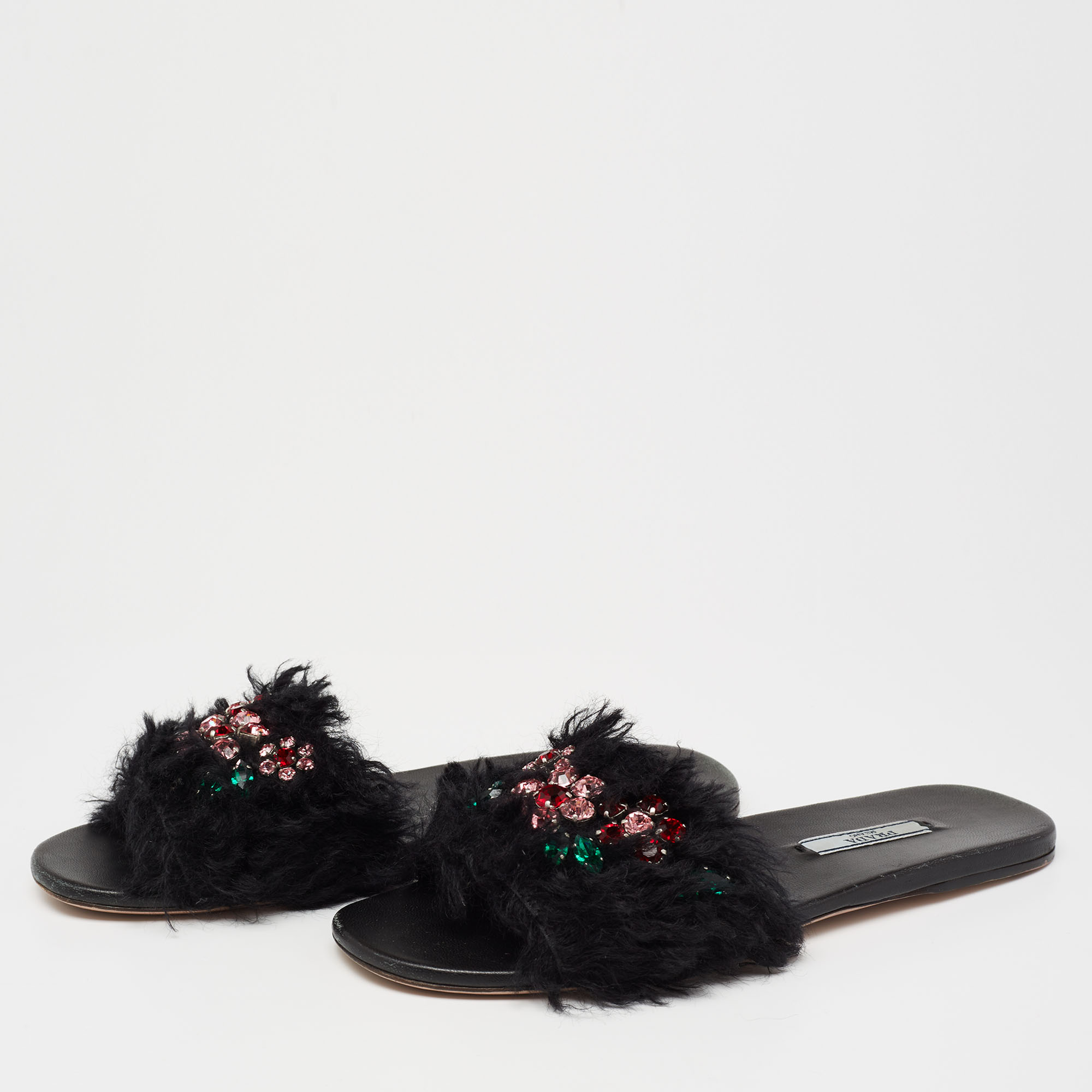 

Prada Black Crystal Embellished Faux Fur Flat Slides Size