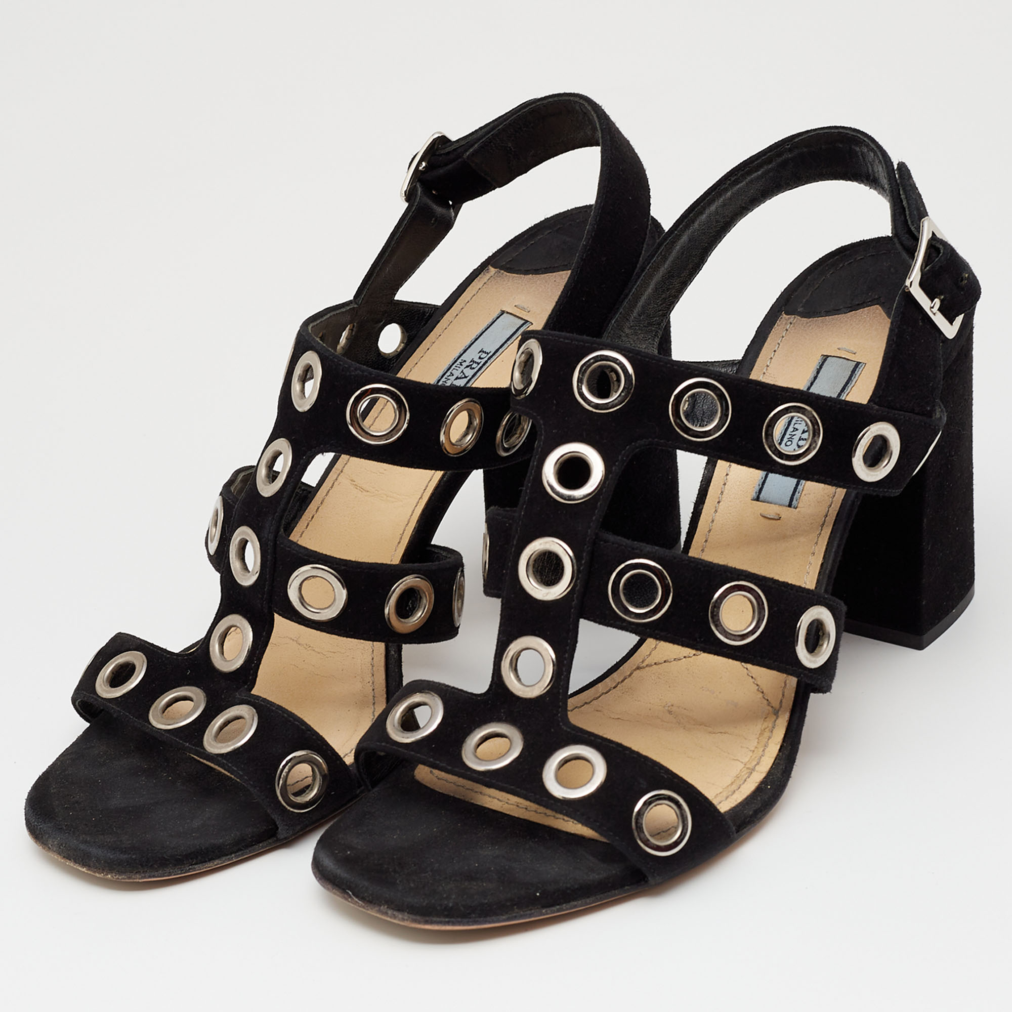 

Prada Black Suede Embellished Block Heel Slingback Sandals Size