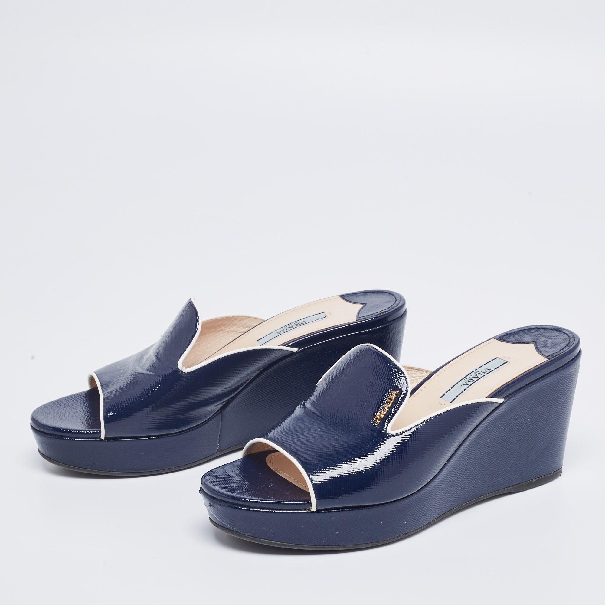 

Prada Navy Blue Saffiano Patent Leather Wedge Platform Slide Sandals Size