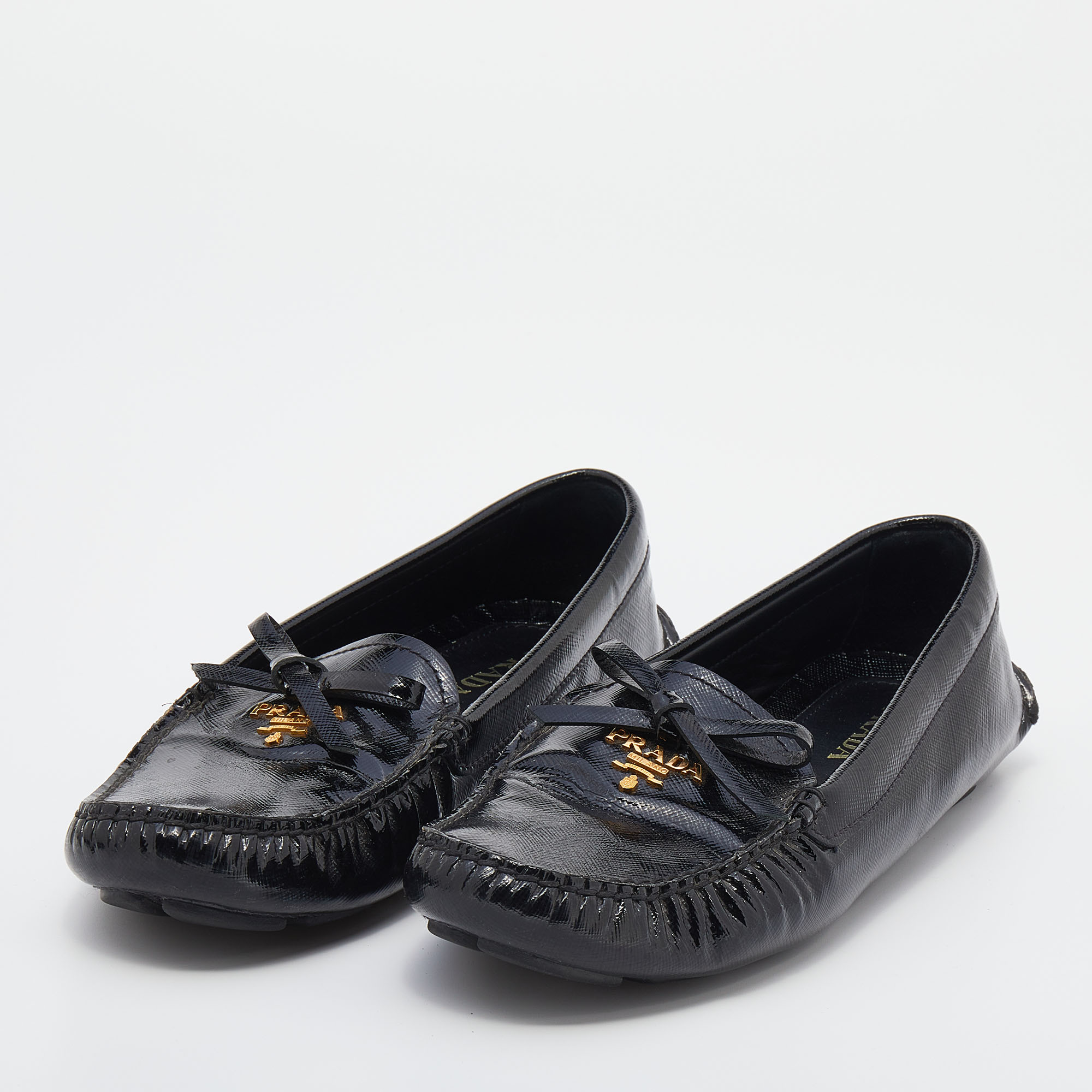 Prada Black Saffiano Lux Leather Bow Slip On Loafers Size