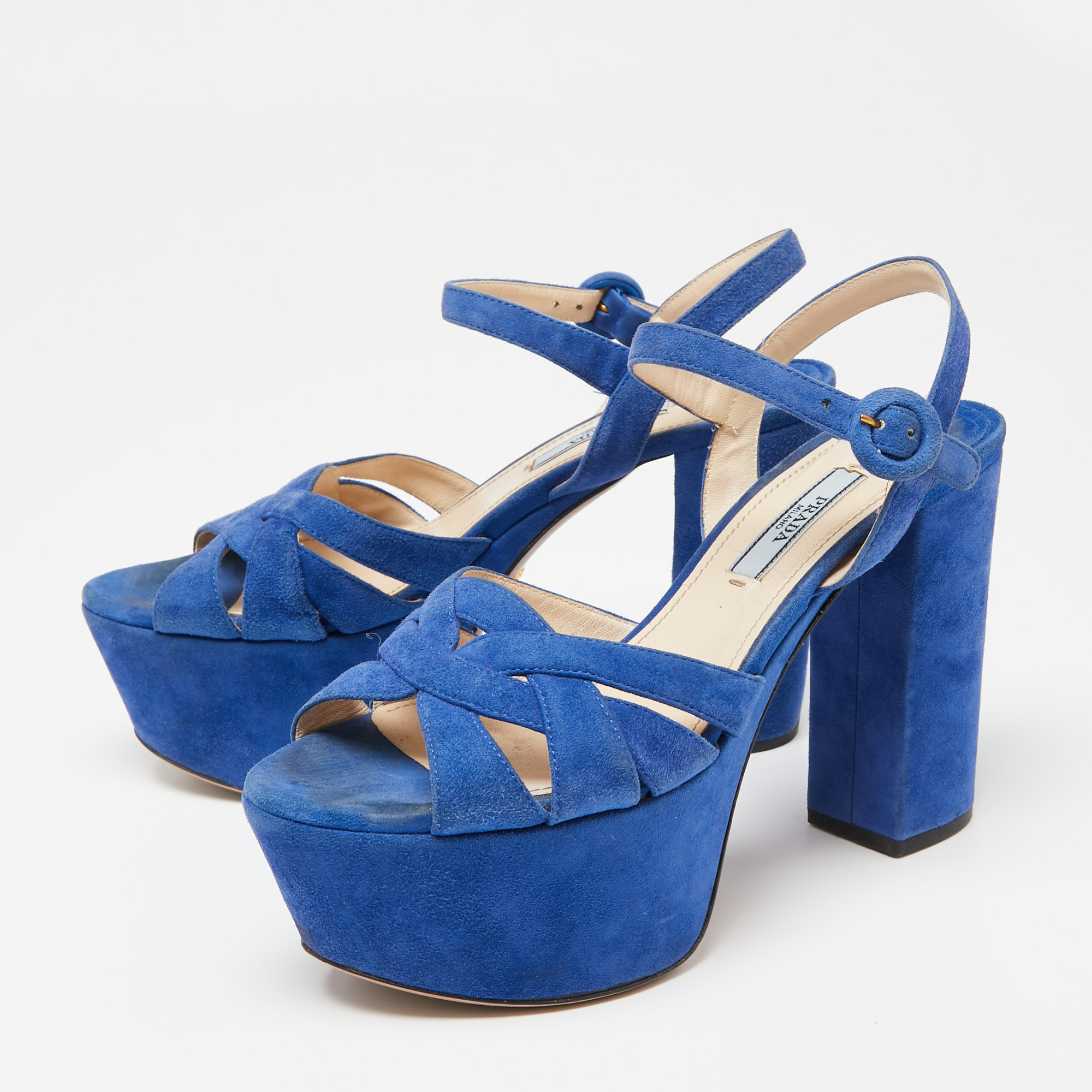 

Prada Blue Suede Platform Ankle Strap Sandals Size