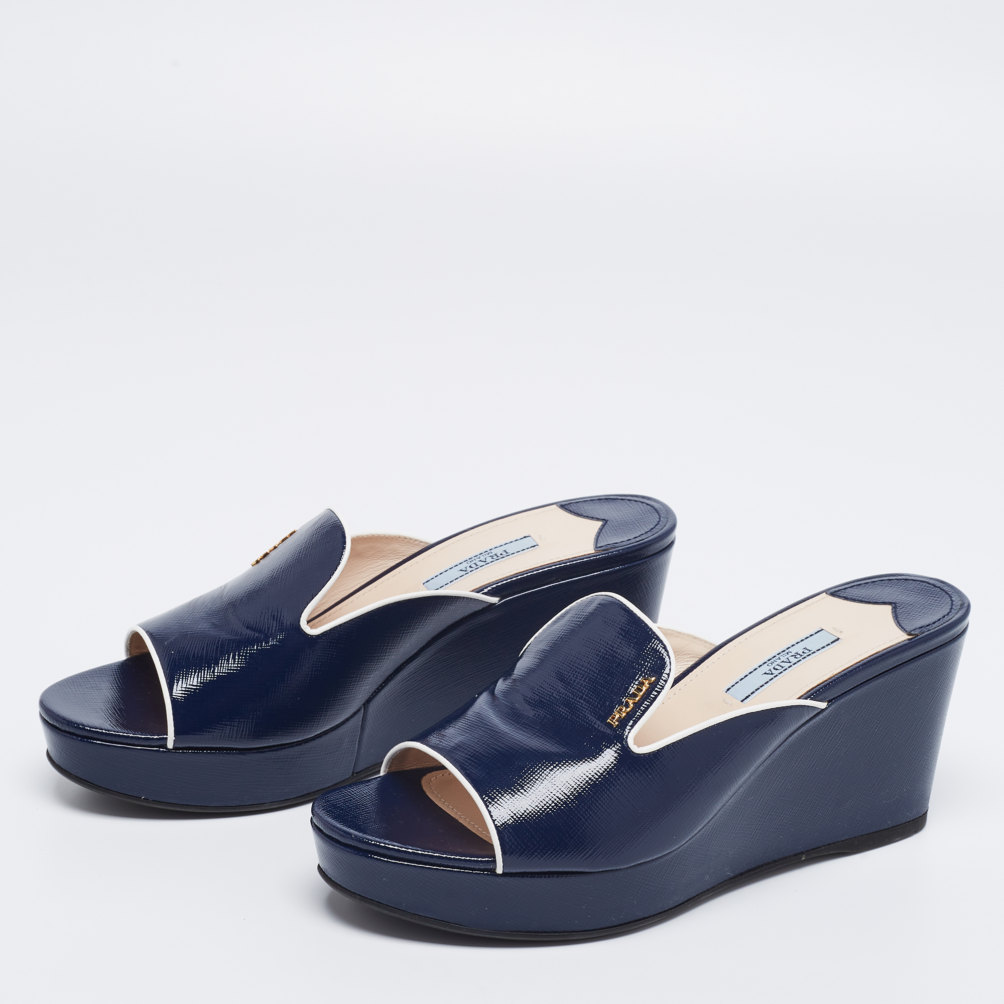 

Prada Navy Blue Saffiano Patent Leather Wedge Slide Sandal Size